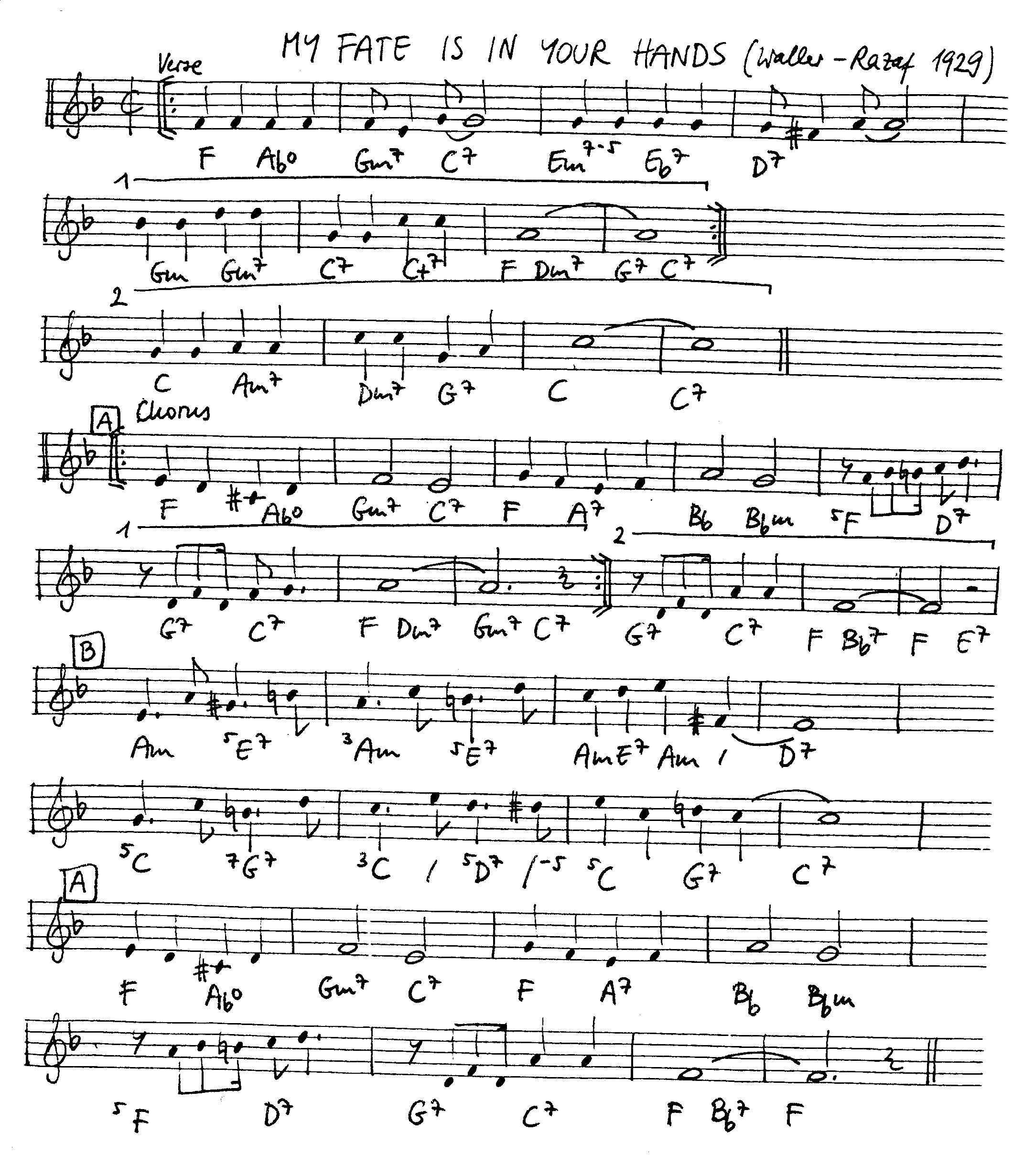 my fate is in your hand free jazz leadsheet - Courtesy of the Jungle Jazz Band
